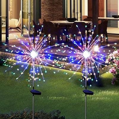 [HFLYJPYW] HFLYJPYW Solar Firework Lights 2Pcs Garden Lights Outdoor Waterproof, 120 LED with 8 Modes Twinkling and Steady-On, Festive daysStarburst Lights for Path, Patio, Yard (Colorful)