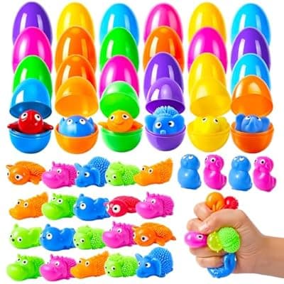 [Labrostar] 24Pack Easter Prefilled Eggs with Squishy Toys Inside Bright Plastic Easter Eggs Filled Cute Stress Reliever Squishy Toy for Easter Basket Stuffers Animal Easter Egg Filler Classroom Prize Supplies