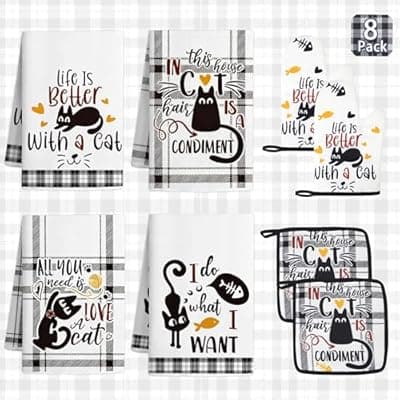 [Vetoxka] Vetoxka 8 PCS Black Cat Decor Kitchen Decor and Accessories - 4 Dish Towels Set 2 Oven Mitts and Pot Holders Sets for Cat Lover Cooking Baking Cute Kitty Kitten Plaid Lightweight Housewarming Gifts