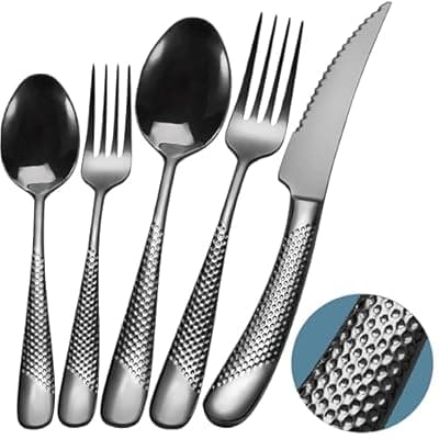 [Runfly] Runfly 20 Piece Hammered Black Silverware Set, 18/10 Stainless Steel Flatware Set, Modern Kitchen Utensil Set Service for 4, Tableware Set, Cutlery Set Including Fork Spoon and Knife