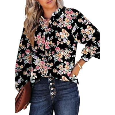 Dokotoo Women's Casual V Neck Allover Floral Print Long Sleeve Chiffon Button Down Blouses Bohemian Top Shirts