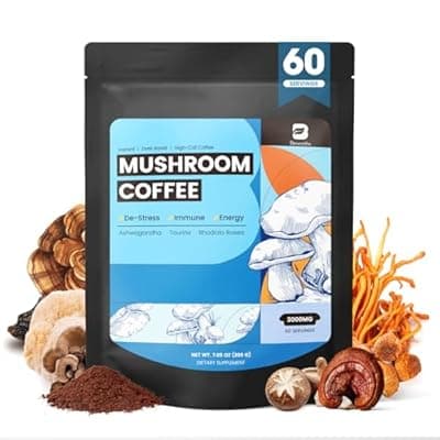 [B BEWORTHS] B BEWORTHS Mushroom Coffee Powder with Ashwagandha, L-theanine, Lion's Mane, Reishi, Chaga, Cordyceps, Turkey Tail, Ginseng | Arabica Instant Coffee for Immunity, Brain Focus, Gut Health | 60 Servings