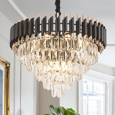 [SGRUXELL] 23" Black and Gold Chandelier,5-Tier Round Modern Crystal Chandeliers for Dining Room,12 Lights Hanging Pendant Ceiling Light Fixture for Living Room Bathroom Bedroom Kitchen Entryway Staircase Foyer