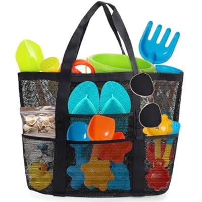 [Showvigor] Showvigor Mesh Beach Bag - Large Beach Tote with Zipper Pocket for Family Pool Bag for Toys Vacation Essentials