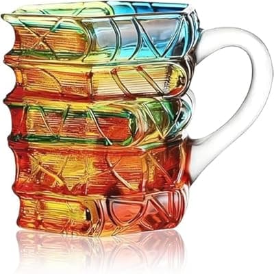 [ZAGEVIVIN] ZAGEVIVIN Handpainted Glass Book Stack Mug, 7/14oz, Literary Design Coffee Tea Cup for Readers and Writers (Small-Color Swirl)