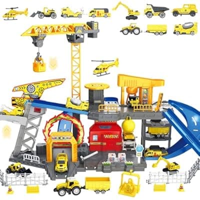 [Frontoytall] Frontoytall Construction Vehicles Track Set with Excavator, Dump Truck, Cement Truck, Wheel Loader & Rotating Crane, Interactive STEM Building Toy for Kids Ages 3-12