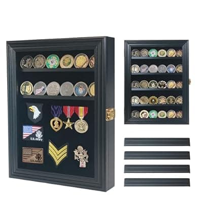 [Generic] Military Challenge Coin Display Case with Medals Display 11x14IN Shadow Box with HD Toughened Glass, Wall Mount & Removable 2 Grooves Shelves, Coin Holder for Souvenirs, Solid Wood Frame
