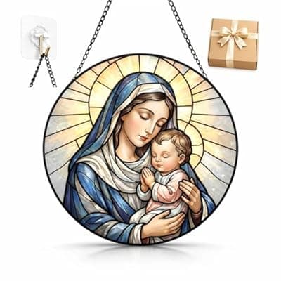 [pazoahu] Madonna and Child Stained Glass Suncatcher Window Hanging, 7.8" Catholic Faith Gift for Mom Grandma Women, Religious Decor for Window, Prayer Room, Sunroom, Office