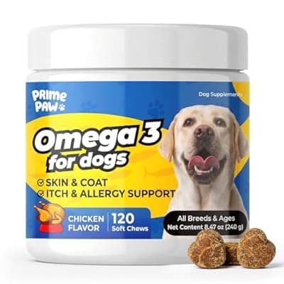 [PrimePaw] PrimePaw Omega-3 Skin & Coat Soft Chews for Dogs -120 Count, 2-Month Supply -Salmon Oil + Krill + Flaxseed with Turmeric & Green Tea -Itch Relief, Shedding Control & Healthy Coat for All Breeds