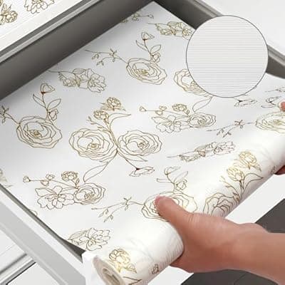 [CLENAT] Shelf Cabinet Liner for Kitchen- Non Adhesive 17.5In x 20FT Drawer Liner Refrigerator Liner, Premium Waterproof Shelf Paper Protect Surface, Non Slip Easy to Clean Durable EVA Material, Gold Roses