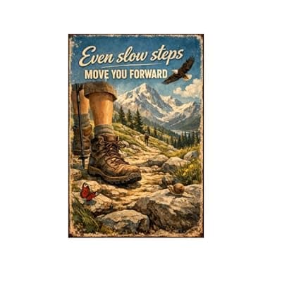 [Carastora] Even Slow Steps Move You Forward Tin Sign Inspirational Quote Metal Wall Decor Vintage Hiking Mountain Artwork Motivational Rustic Plaque for Home Office Gym Cabin Man Cave Wall 8x12 Inch