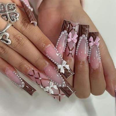 [SEMATA] SEMATA Long French Tip Press on Nails Square Acrylic Fake Nails Press Ons with Designs Leopard Print Bow Pink Stick on Nail with Glue Pearls Artificial Glue on False Nail for Women and Girls 12 Sizes