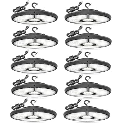 [RUNBARRY] RUNBARRY High Bay LED Shop Lights, 150W 24,000LM UFO LED High Bay Light with US Plug 6FT, IP65 Waterproof UFO Light for Workshop Stadium Garage Lighting – 6000K Daylight 10 Pack