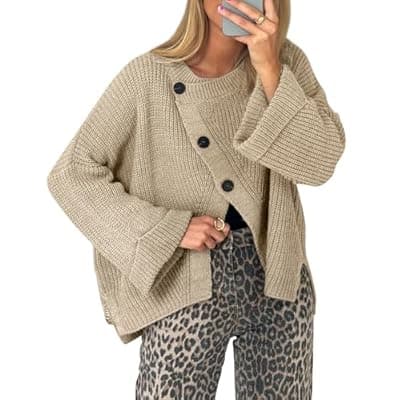 Balimtoy Chunky Cardigan Sweaters for Women Long Sleeve Crewneck Button Down Loose Pullover Sweater Casual Fall Outwear