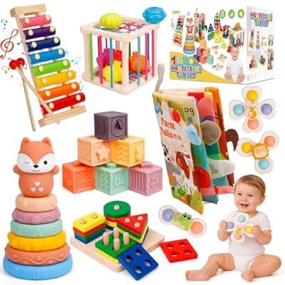 [VuvuVoda] VuvuVoda Montessori Baby Toys for Toddlers 1-3, 7-in-1 Educational Activity Toy Set with Soft Cloth Book, Stacking Blocks & Learning Toys, Birthday Gifts for Boys Girls