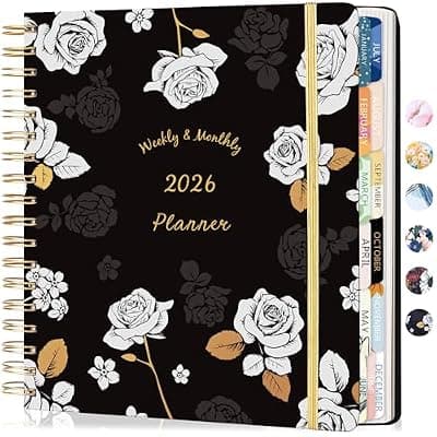 [CAGIE] CAGIE 2026 Planner Weekly and Monthly Dec 2025–Dec 2026 Hardcover Planner with Pockets, 13 Month Large Black Flowers Calendar Planner with Stickers Tabs, Spiral Bound Yearly Calendar Planner​ for Wome
