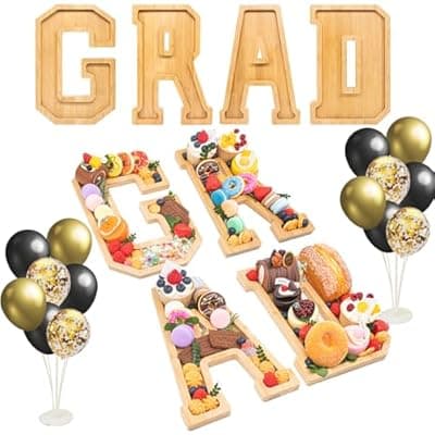 [Nsoyos] 4PCS Wooden Graduation Decorations Number Charcuterie Board Box-(with 14 Balloons) GRAD Charcuterie Numbers Fillable Food Graduation Party Supplies Suitable for 2025 Party Graduation Decoration