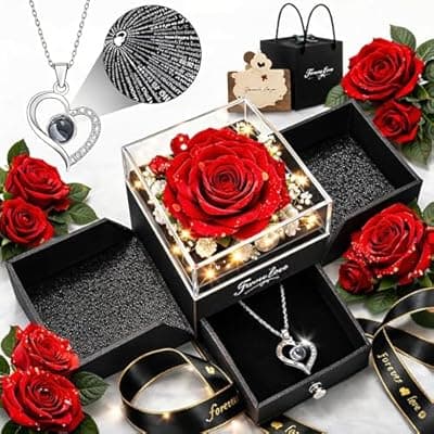 [cdco] cdco Forever Love Preserved Real Rose with Heart Necklace, Mothers Day Gifts for Mom, Wife, Anniversary Birthday Gifts for Women – Projects “I Love You” in 100 Languages