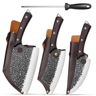 [Plys] Plys Forged Butcher Knife Set: Comfortable Handle for Long Use - 3PCS Viking Kitchen Knives Set for Mens - Handmade Cooking Meat Cleaver for Cutting and Chopping