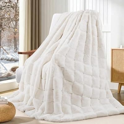 [Touchat] Touchat Faux Fur Blanket Twin Size, Luxury 1000GSM Ultra Thick Warm Rabbit Blanket for Couch Bed Sofa, 3D Checkered Pattern Soft Winter Heavy Minky Blankets for Women Christmas Birthday Gift, White