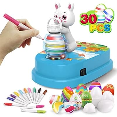 [Engfa] Engfa Easter Egg Decorating Kit, Bunny Spinner, Easter Crafts and Decoration Machine with 12 Dying Markers 30 Plastic Fake Eggs and Slings, Kids Easter Basket Stuffers Gifts