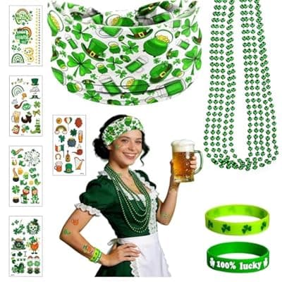 [FAMCHAINS] St. Patrick's Day Party Accessories Kit for Adults - 13 Pcs Irish Celebration Set with Shamrock Beer Headband, 5 Necklaces, 2 Wristbands & Stickers for Irish Themed Party Supplies