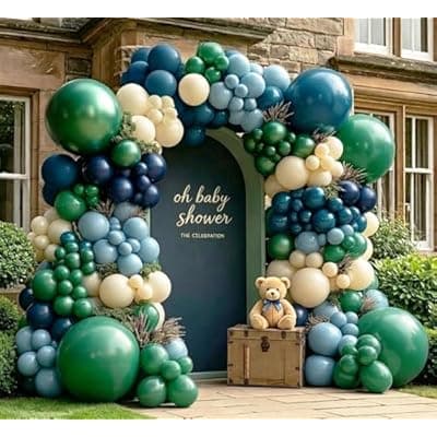 [feilebalon] Navy Blue Green Balloon Arch Kit Double Stuffed Emerald Forest Dark Green Blue Sand White Beige Ivory Balloon Garland for Bear Baby Shower Birthday Graduation Wedding Bridal Anniversary Party Decor