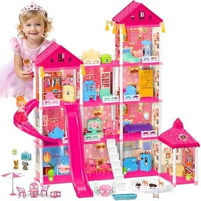 [keefun] keefun Doll House for 3 4 5 6 7 8+ Year Old Girl Birthday Gifts, Large Princess Castle Dream dollhouse for Toddlers 3-5 with Lights, Pink Educational STEM Building Toys for Kids Ages 4-8 4-6 Play Game