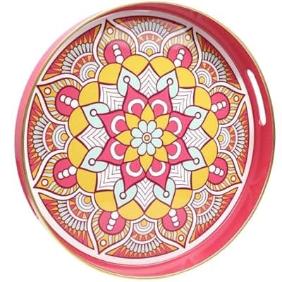 [SforGUVA] SforGUVA Round Pink Decorative Tray for Coffee Table, Ottoman, 13” Plastic Serving Platter Tray with Handles for Entertaining, Living Room