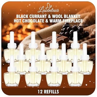 [LASENTEUR] Plug in Air Freshener Refills, Black Currant, Wool Blanket, Hot Chocolate & Warm Fireplace Scents, Adjustable for Home & Bathroom – 12 Pack, Compatible with Air Wick & Glade, Not Include Glade Plus