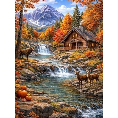 [Teemosreal] Teemosreal Puzzles for Adults 1000 Pieces, Autumn Mountain Cabin Jigsaw Puzzle, Scenic Fall Forest Waterfall & Deer Colorful Nature Landscape Puzzle with Poster, Challenging Puzzles for Game Night