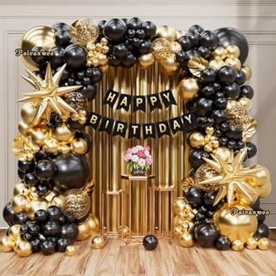 [Paivanwoo] 141Pcs Black and Gold Balloon Arch Kit with Happy Birthday Banner for Black and Gold Party Decorations, Graduation, Retirement, Masquerade Party Supplies
