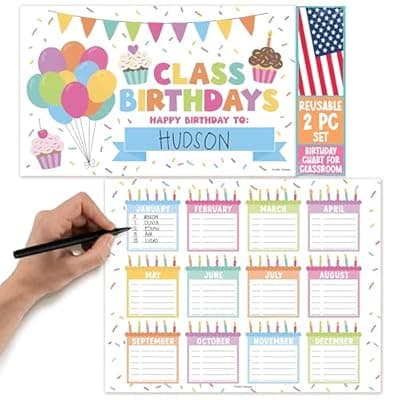 [Hadley Designs] Happy Birthday Bulletin Board Set for Classroom - Dry Erase Birthday Calendar for Classroom Decor, Reusable Class Birthdays Chart, Preschool Kindergarten Elementary Bulletin Board Decorations