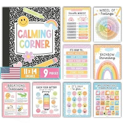 [Hadley Designs] Hadley Designs Calming Corner Posters for Classroom Decor -9 Calm Down Corner Supplies Classroom Must Haves, 11x14 Feelings Emotions Chart for Kids, Pastel Mental Health Posters for School Counselors