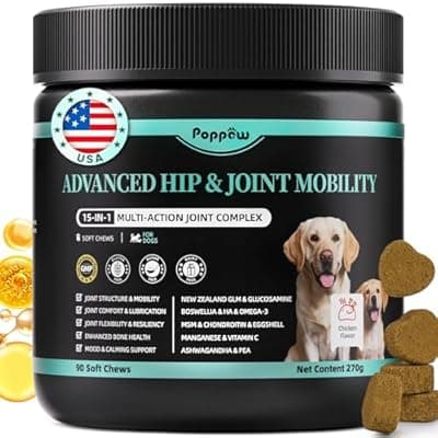 [POPPAW] POPPAW Advanced Dog Joint Supplement – 15-in-1 Glucosamine for Dogs with Chondroitin, MSM & Green Lipped Mussel – Hip & Joint Pain Relief Mobility Chews, Chicken Flavor, 90Ct Breeds