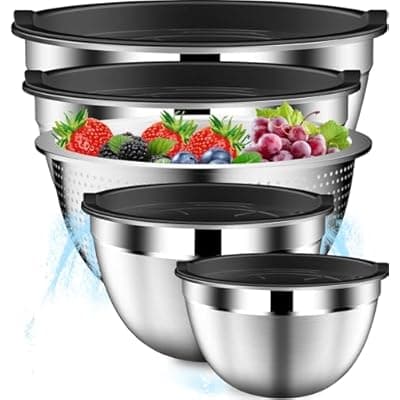 [DUTZUN] DUTZUN Mixing Bowls with Lids Set, Stainless Steel Mixing Bowls with Colander, Strainer with Mixing Bowl Set, Serving Bowl Kitchen Gift, Size 4.5, 2.5, 2, 1.5QT - Black