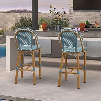 [PURPLE LEAF] PURPLE LEAF Patio French Bar Height Stool Set of 2 Outdoor Backrest Barstools Aluminum Frame in Bamboo Finish Woven Rattan for Indoor Kitchen Garden Balcony Restaurant Light Blue