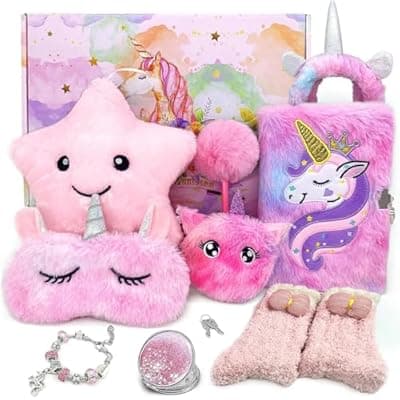 [Yafacuha] Yafacuha Unicorns Gifts for Girls Toys Tie-Dye Playset Includes Star Stuffed Mirror Diary Eyemask Headband Purse Pen Bracelet and Sock