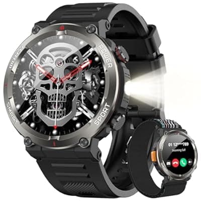 [IOWODO] IOWODO Military Smart Watch for Men -100-Day Long Battery Life,Fitness Tracker with LED Flashlight/Compass,Heart Rate Monitor,120+ Sports Modes,IP68 Waterproof,Bluetooth Call Smartwatch for iOSAndroid