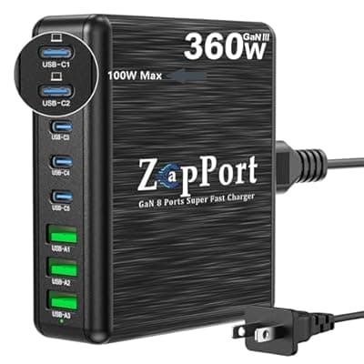 [ZapPort] 360W USB C Charging Station - 8 Ports Fast Charger Block | PD 100W | GaN Charger Block for Multiple Devices, Charging Hub for Laptop MacBook Pro/Air/iPad Pro/iPhone