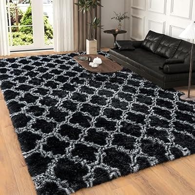 [Dssimo] Dssimo Super Fluffy Moroccan Trellis 5x7 Area Rugs for Living Room, Modern Large Geometry Black Rug for Bedroom, Non-Slip Plush Shaggy Thick Black Carpet for Kids Room Dorm Indoor Home Office Decor
