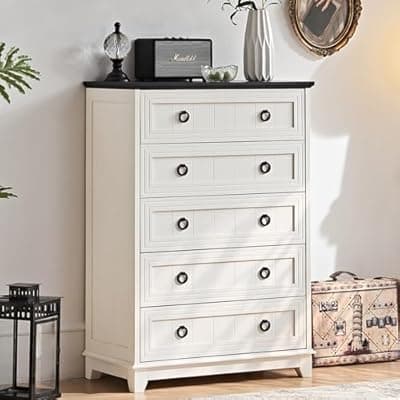 [Joaxswe] Joaxswe Farmhouse 5 Drawer Dresser for Bedroom, 42" Tall Small Dressers & Chest of Drawers, Rustic Wood Dresser with Metal Handle, Storage Organizer Closet for Living Room, Hallway, Entryway