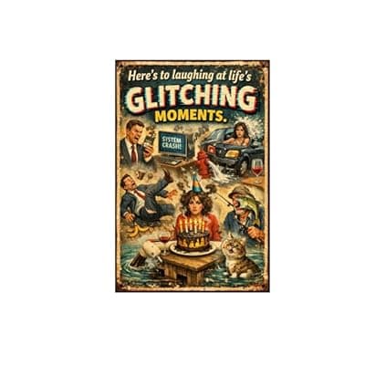 [Carastora] Here's To Laughing At Life's Glitching Moments Metal Tin Sign Funny Retro Humor Poster System Crash Birthday Cake Cat Coffee Disaster 8x12 Inch Iron Art Plaque