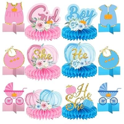 [Zhanmai] Zhanmai 12 Pcs Little Pumpkin Gender Reveal Decorations Baby Reveal Table Decorations with Honeycomb Centerpieces Boy or Girl Table Signs for Baby Shower Party Decoration Fall Thanksgiving Supplies