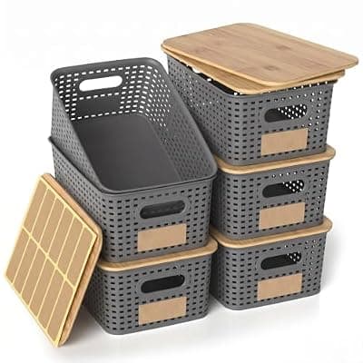 [ZFTMRR] ZFTMRR Plastic Storage Baskets with Bamboo Lids, Stackable Small Box Bins for Organizing and Containers for Shelves Drawers Desktop Closet Pantry Classroom Office Home, 6 Pack 10.2x7.2x4.1 Inch, Gray