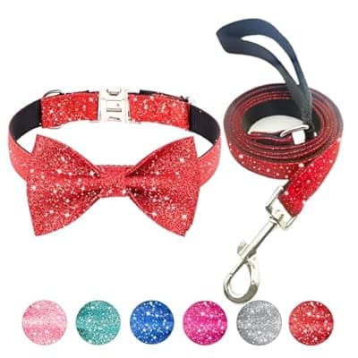 [Jumpress] Jumpress Bling Bow Tie Collar and Leash Set, Red Christmas Dog Collar with Bow and 5ft Leash for Puppy Small Dogs (Neck fit 9-12'')