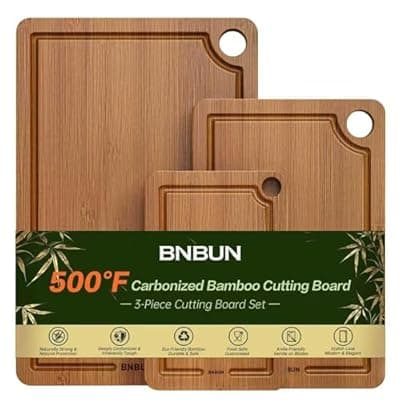 [BNBUN] Bamboo Cutting Board for Kitchen, 3-Piece Set with Juice Grooves, Side Handles & Non-Slip Mats – Durable Bamboo Chopping Board for Meat, Vegetables and Fruits