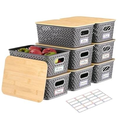 [Anysig] Anysig 8 Packs Plastic Storage Bins with Bamboo Lids - Stackable Storage Bins Decorative Small Basket Containers for Organizing Shelves Office Classroom Desktop Closet, Grey