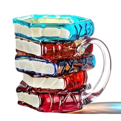 [Web Launcher String Shooters] Handcrafted Glass Book Stack Coffee Mug, Colorful Stained Design,14oz, Unique Literary Gift for Readers (Large)