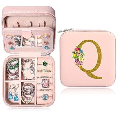 [XIUQILAI] XIUQILAI Jewelry Box for Women, Pink Small Travel Earring Organizer Case for Birthday Gifts - Initial Q